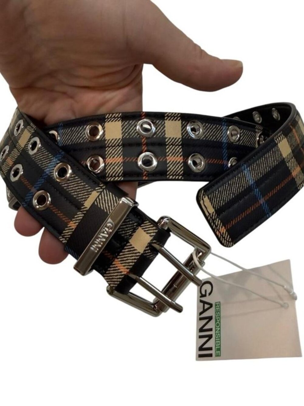 New with tags Ganni Double Eyelet Belt Check Safety Pin, Size Small/Medium